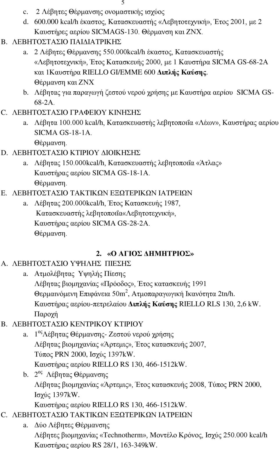 Λέβεηαο γηα παξαγσγή δεζηνύ λεξνύ ρξήζεο κε Καπζηήξα αεξίνπ SICMA GS- 68-2Α. C. ΛΔΒΖΣΟΣΑΗΟ ΓΡΑΦΔΗΟΤ ΚΗΝΖΖ a. Λέβεηα 100.000 kcal/h, Καηαζθεπαζηήο ιεβεηνπνηΐα «Λέσλ», Καπζηήξαο αεξίνπ SICMA GS-18-1Α.