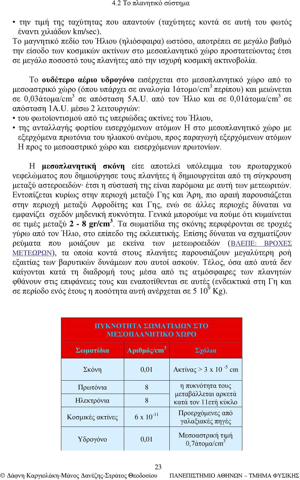 κοσμική ακτινοβολία. Το ουδέτερο αέριο υδρογόνο εισέρχεται στο μεσοπλανητικό χώρο από το μεσοαστρικό χώρο (όπου υπάρχει σε αναλογία 1άτομο/cm 3 περίπου) και μειώνεται σε 0,03άτομα/cm 3 σε απόσταση 5A.