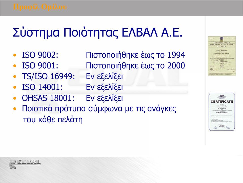 έως το 2000 TS/ISO 16949: Εν εξελίξει ISO 14001: Εν εξελίξει