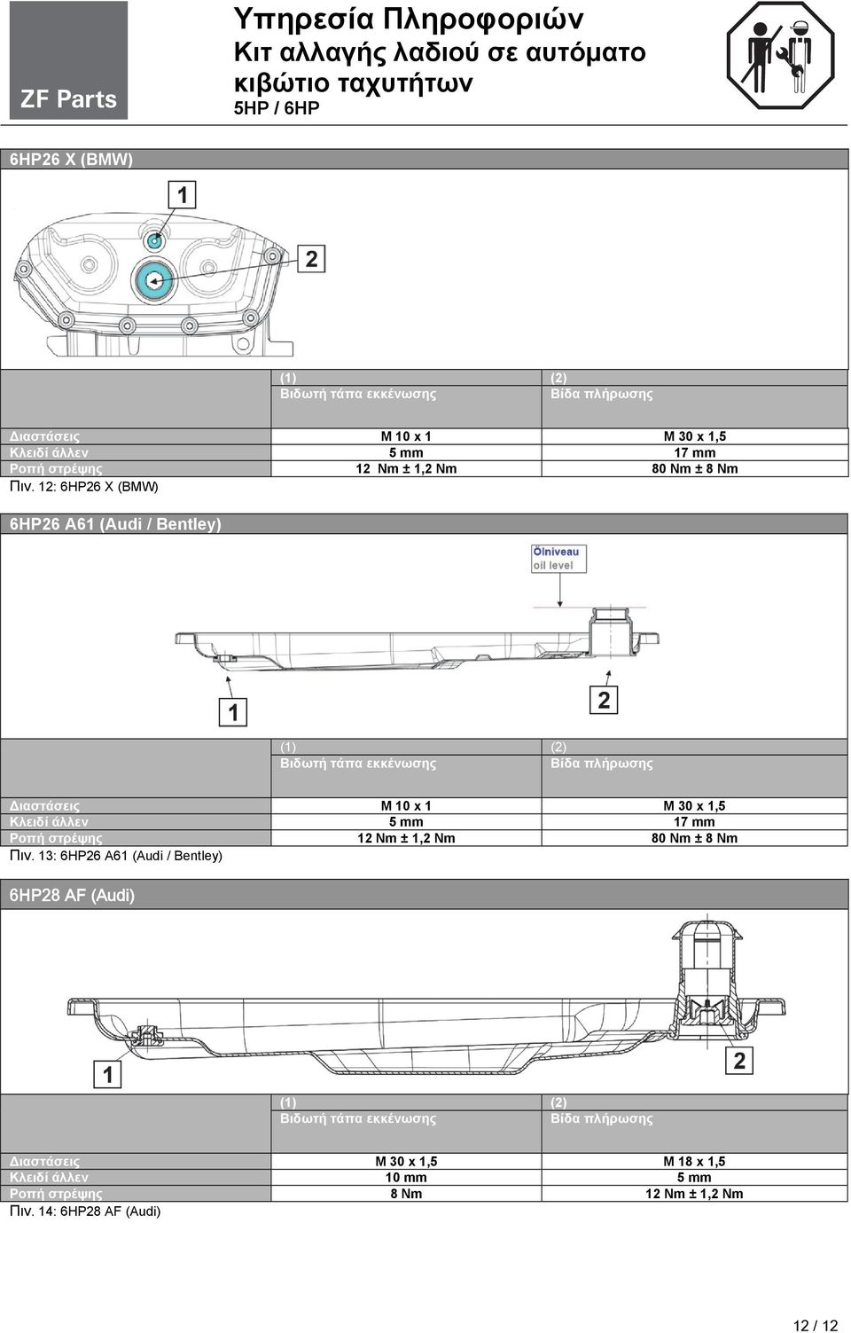 12: 6HP26 X (BMW) 6HP26 A61 (Audi / Bentley) Διαστάσεις M 10 x 1 M 30 x 1,5 Κλειδί άλλεν 5 mm 17 mm Ροπή