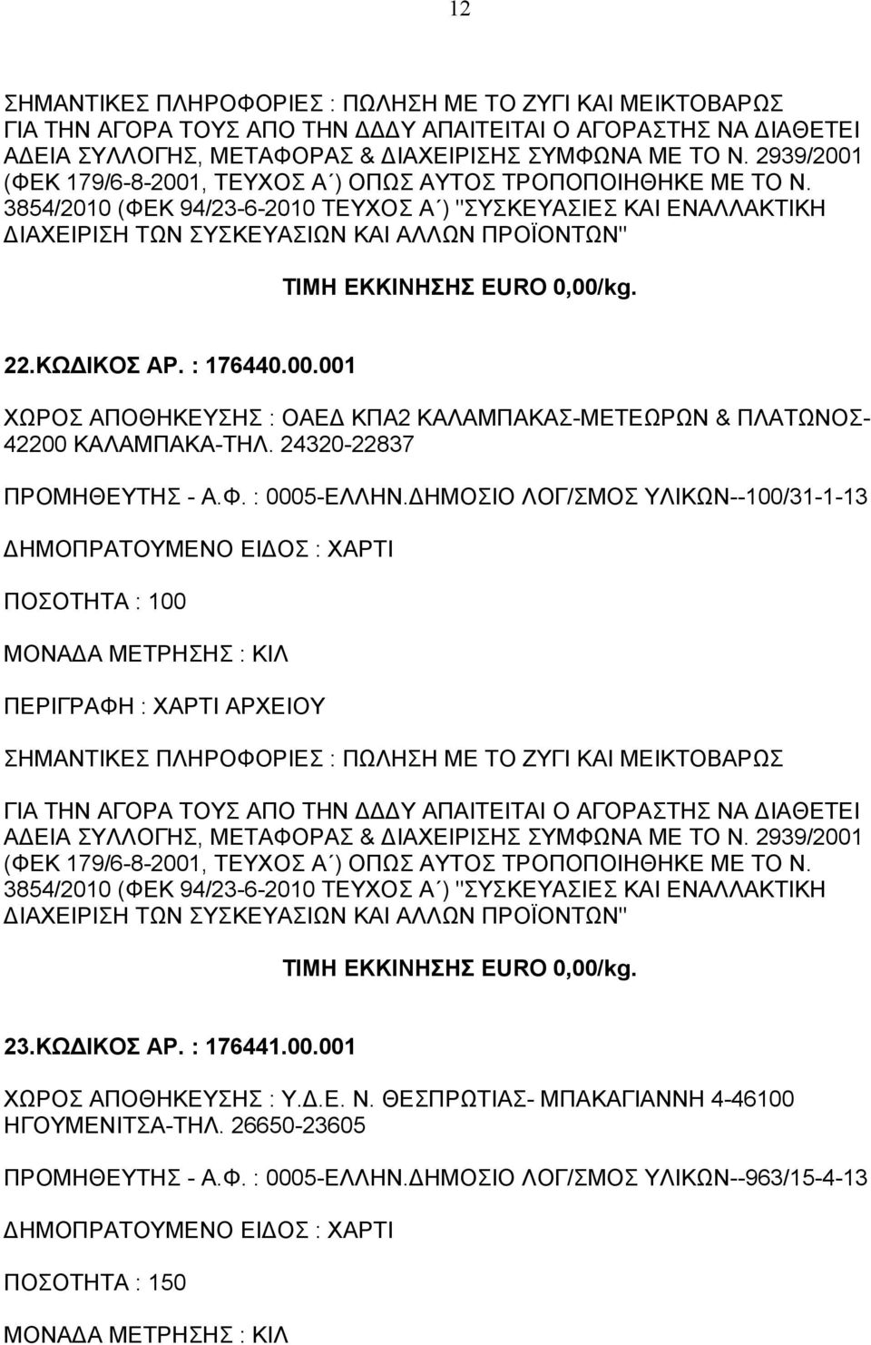001 ΧΩΡΟΣ ΑΠΟΘΗΚΕΥΣΗΣ : ΟΑΕΔ ΚΠΑ2 ΚΑΛΑΜΠΑΚΑΣ-ΜΕΤΕΩΡΩΝ & ΠΛΑΤΩΝΟΣ- 42200 ΚΑΛΑΜΠΑΚΑ-ΤΗΛ. 24320-22837 ΠΡΟΜΗΘΕΥΤΗΣ - Α.Φ. : 0005-ΕΛΛΗΝ.