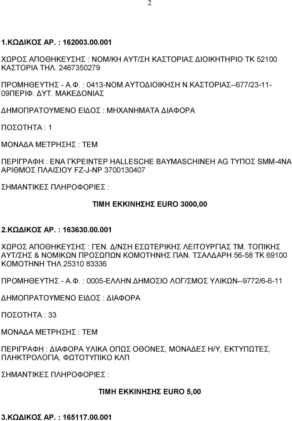 3000,00 2.ΚΩΔΙΚΟΣ ΑΡ. : 163630.00.001 ΧΩΡΟΣ ΑΠΟΘΗΚΕΥΣΗΣ : ΓΕΝ. Δ/ΝΣΗ ΕΣΩΤΕΡΙΚΗΣ ΛΕΙΤΟΥΡΓΙΑΣ ΤΜ. ΤΟΠΙΚΗΣ ΑΥΤ/ΣΗΣ & ΝΟΜΙΚΩΝ ΠΡΟΣΩΠΩΝ ΚΟΜΟΤΗΝΗΣ ΠΑΝ. ΤΣΑΛΔΑΡΗ 56-58 ΤΚ 69100 ΚΟΜΟΤΗΝΗ ΤΗΛ.