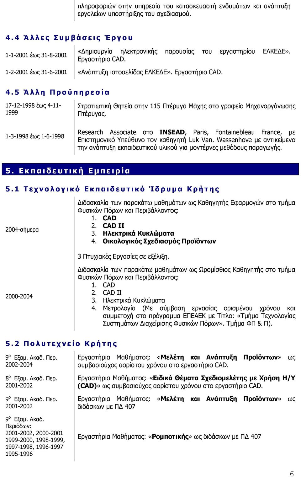 5 Άλλη Προϋπηρεσία 17-12-1998 έως 4-11- 1999 Στρατιωτική Θητεία στην 115 Πτέρυγα Μάχης στο γραφείο Μηχανοργάνωσης Πτέρυγας.