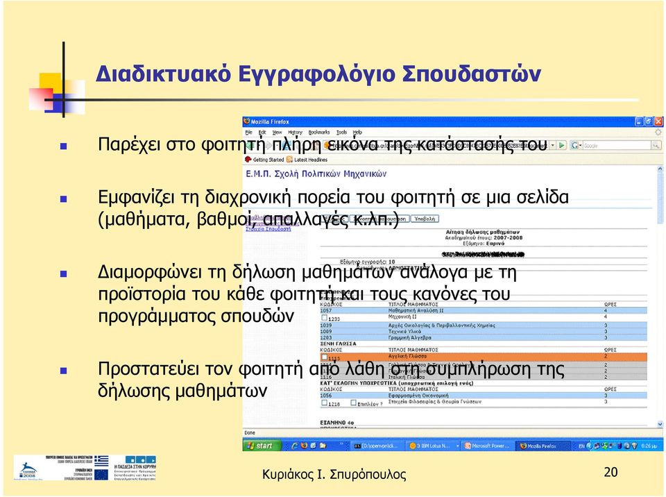 ) Διαμορφώνει τη δήλωση μαθημάτων ανάλογα με τη προϊστορία του κάθε φοιτητή και τους κανόνες