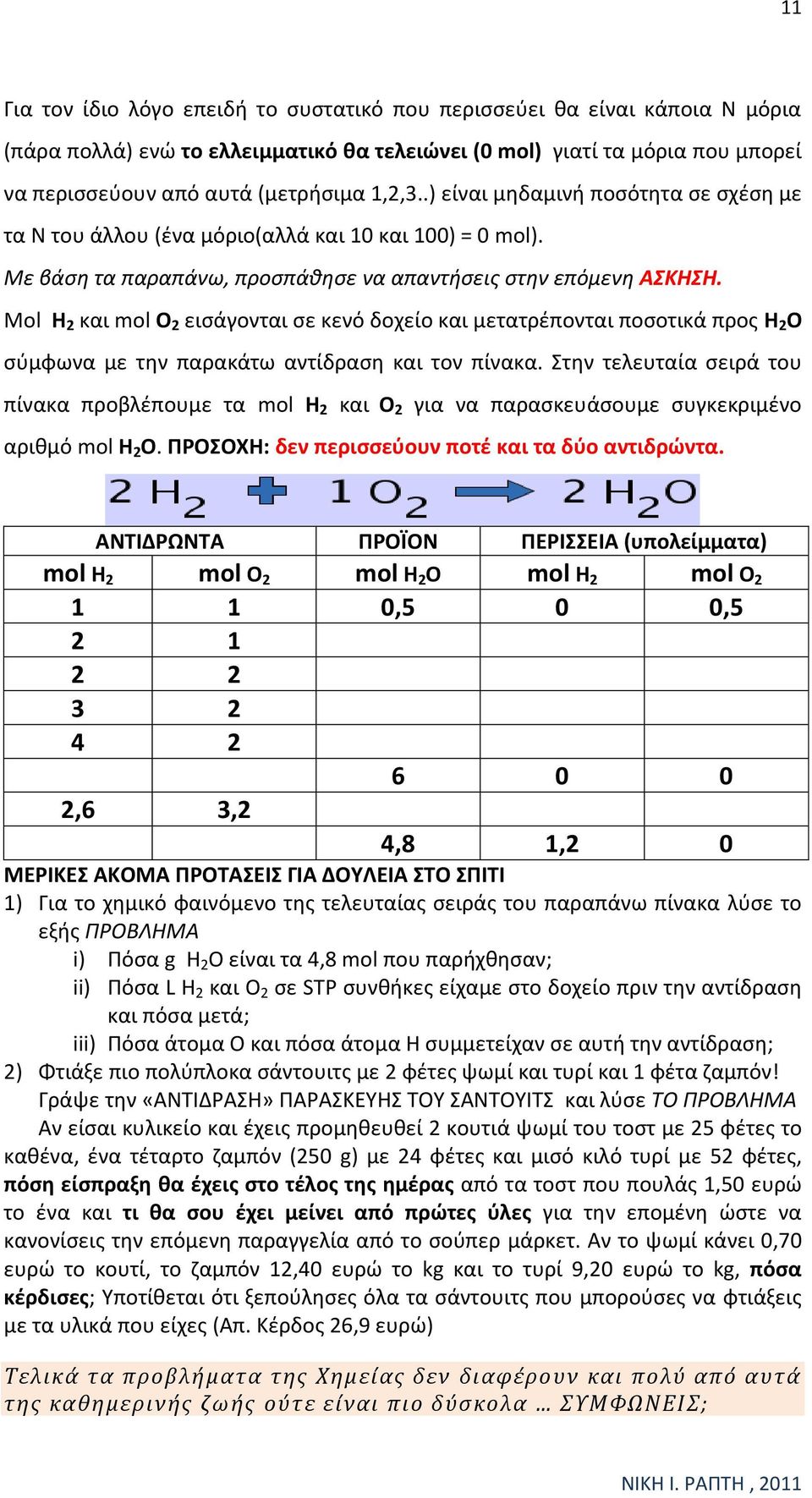 Μol H2 και mol O2 εισάγονται σε κενό δοχείο και μετατρέπονται ποσοτικά προς H2O σύμφωνα με την παρακάτω αντίδραση και τον πίνακα.