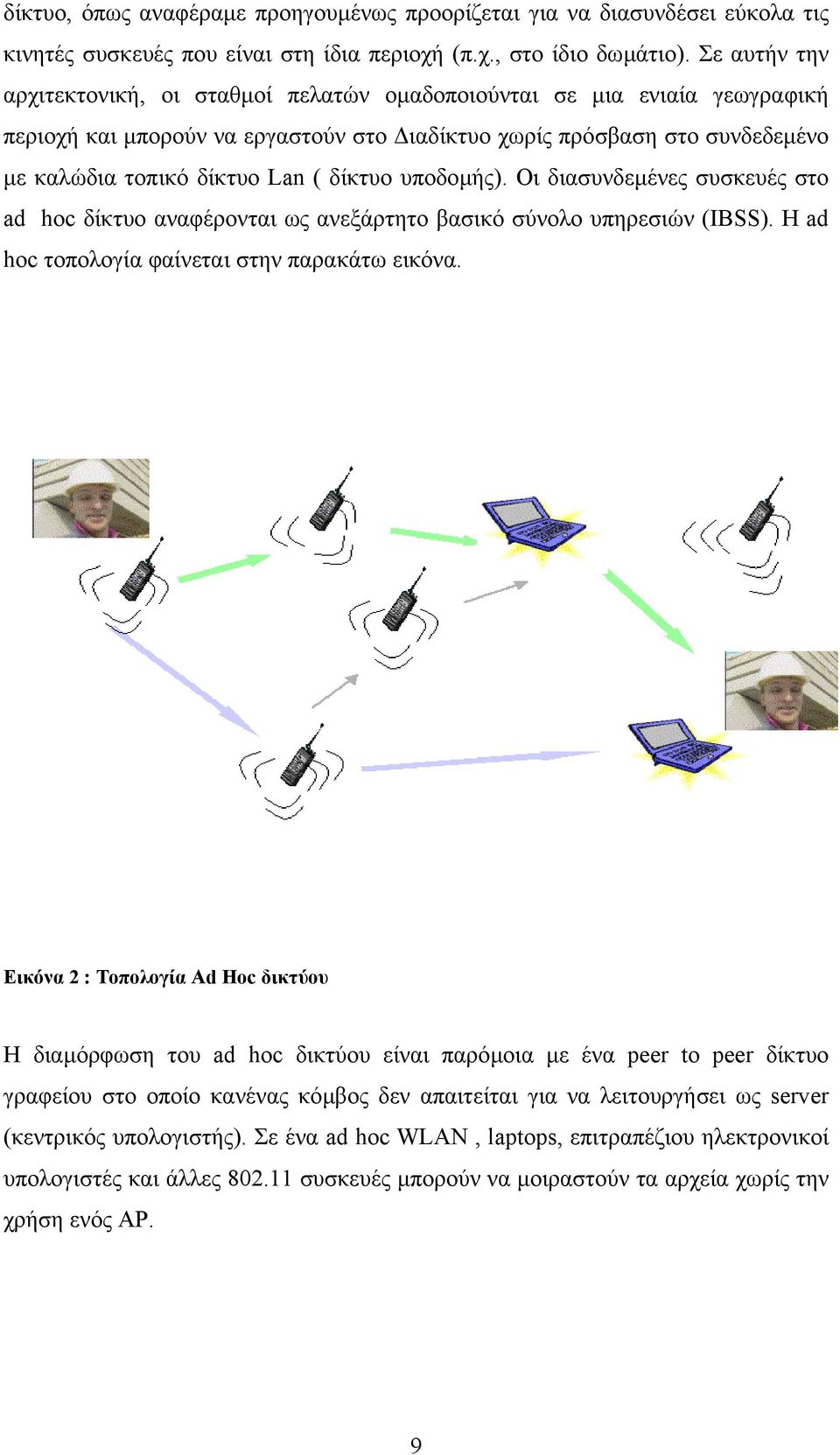 δίκτυο υποδοµής). Οι διασυνδεµένες συσκευές στο ad hoc δίκτυο αναφέρονται ως ανεξάρτητο βασικό σύνολο υπηρεσιών (IBSS). Η ad hoc τοπολογία φαίνεται στην παρακάτω εικόνα.