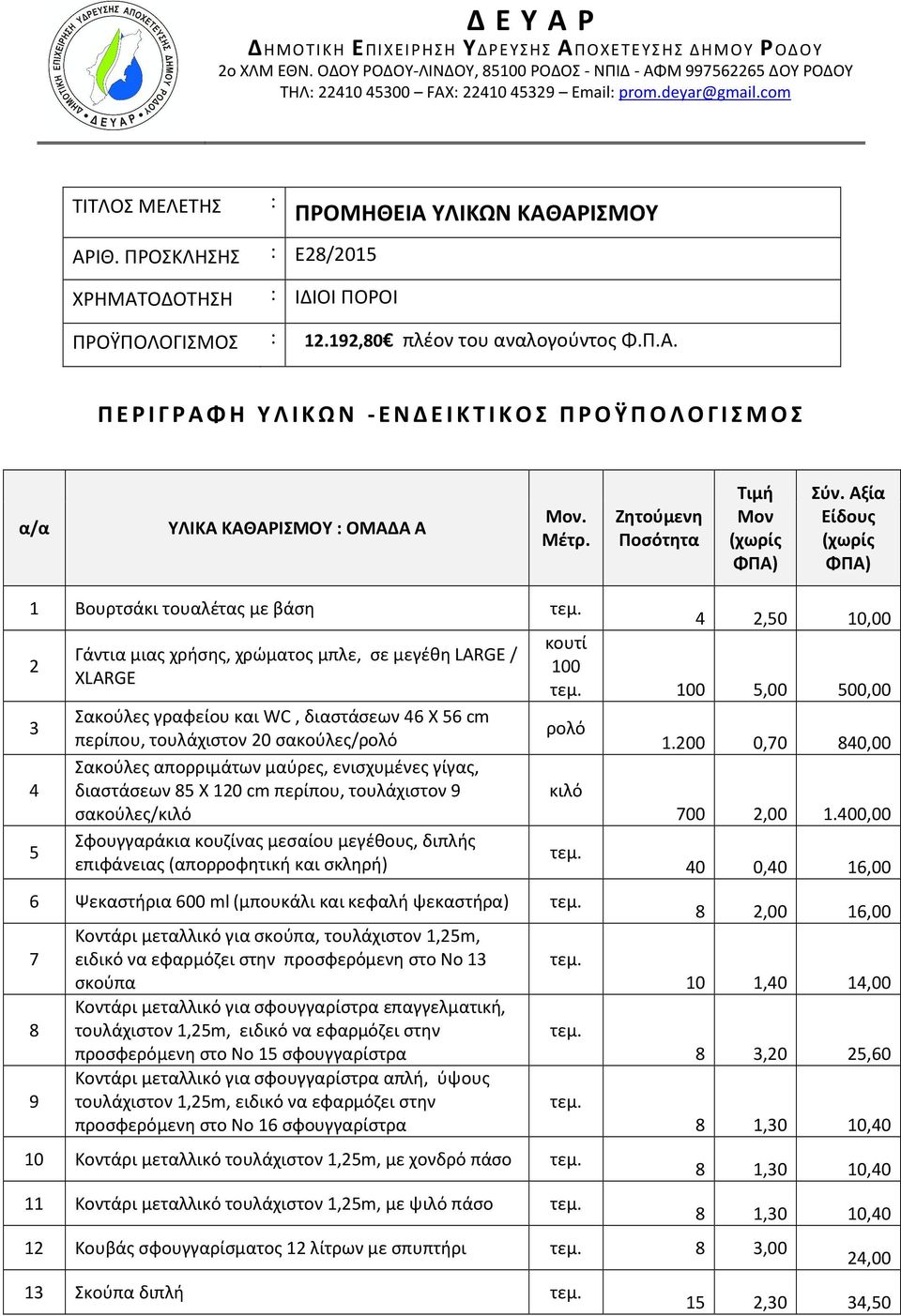 Αξία Είδους 1 Βουρτσάκι τουαλέτας με βάση 4 2,50 10,00 2 κουτί Γάντια μιας χρήσης, χρώματος μπλε, σε μεγέθη LARGE / 100 XLARGE 100 5,00 500,00 3 Σακούλες γραφείου και WC, διαστάσεων 46 Χ 56 cm ρολό