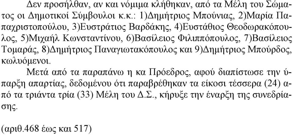 ήθηκαν, από τα Μέλη του Σώματος οι Δημοτικοί Σύμβουλοι κ.κ.: 1)Δημήτριος Μπούνιας, 2)Μαρία Παπαχριστοπούλου, 3)Ευστράτιος Βαρδάκης,