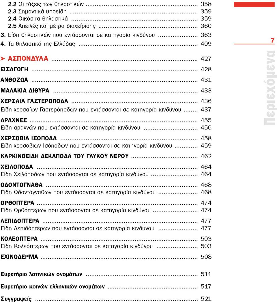 .. 436 Είδη χερσαίων Γαστερόποδων που εντάσσονται σε κατηγορία κινδύνου... 437 ΑΡΑΧΝΕΣ... 455 Είδη αραχνών που εντάσσονται σε κατηγορία κινδύνου... 456 Χερσόβια Ισόποδα.