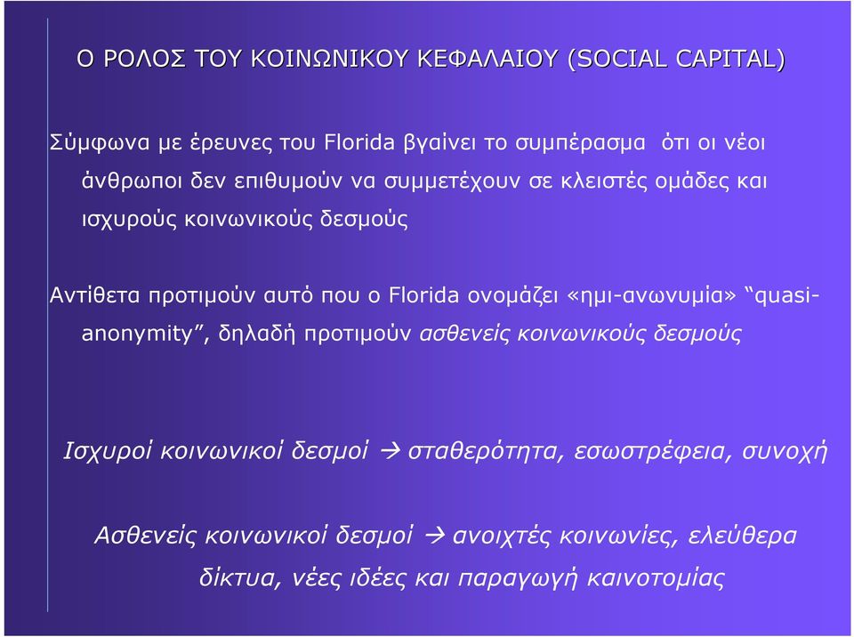 Florida ονοµάζει «ηµι-ανωνυµία» quasianonymity, δηλαδή προτιµούν ασθενείς κοινωνικούς δεσµούς Ισχυροί κοινωνικοί δεσµοί