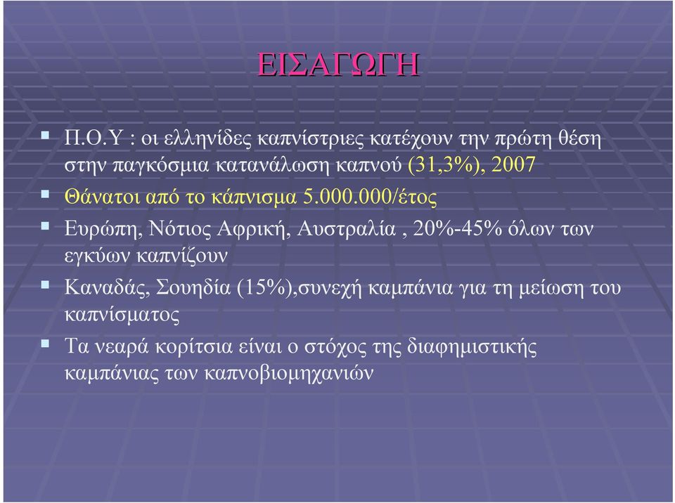 (31,3%), 2007 Θάνατοι από το κάπνισμα 5.000.