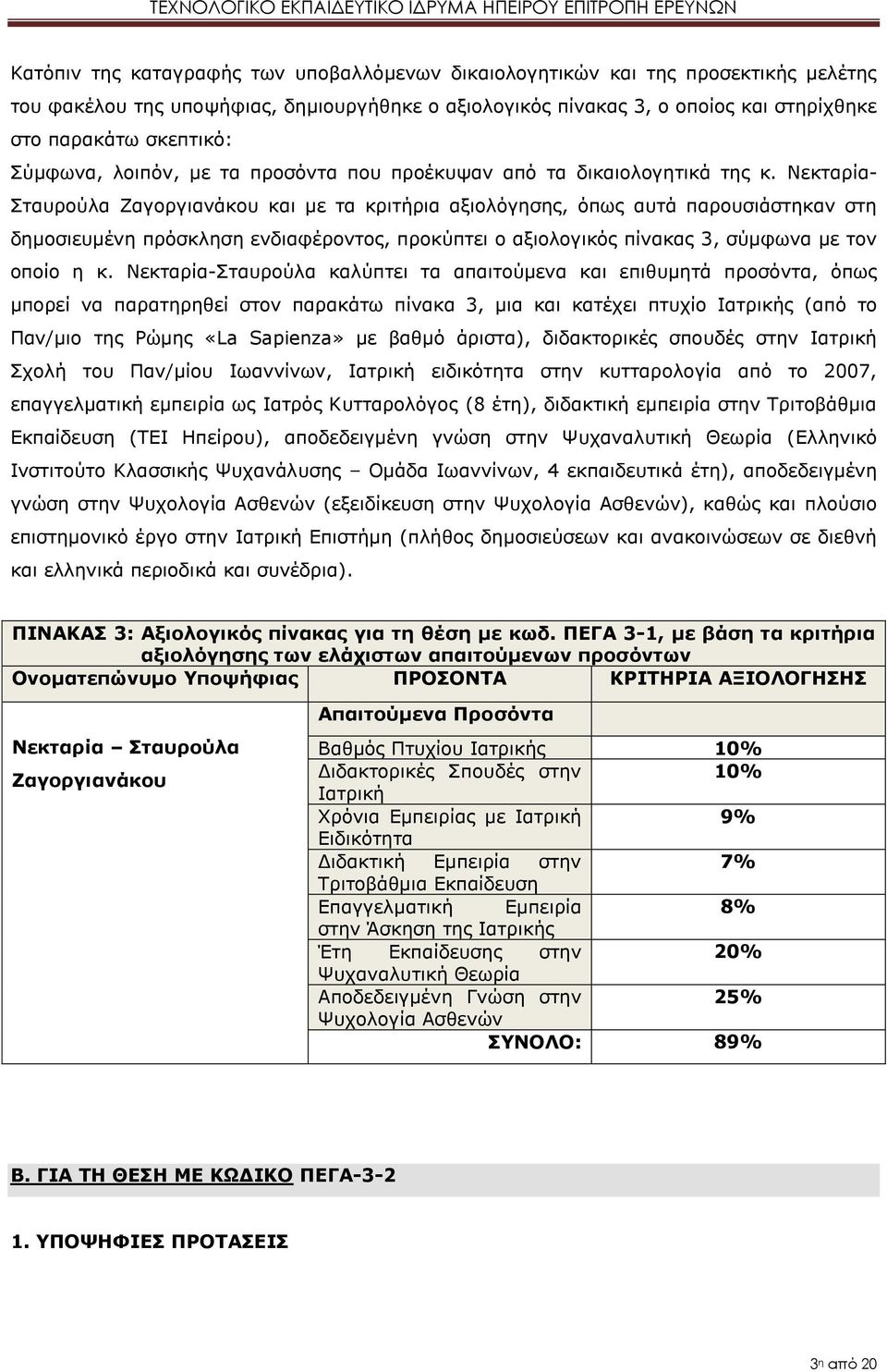 Νεκταρία- Σταυρούλα Ζαγοργιανάκου και με τα κριτήρια αξιολόγησης, όπως αυτά παρουσιάστηκαν στη δημοσιευμένη πρόσκληση ενδιαφέροντος, προκύπτει ο αξιολογικός πίνακας 3, σύμφωνα με τον οποίο η κ.
