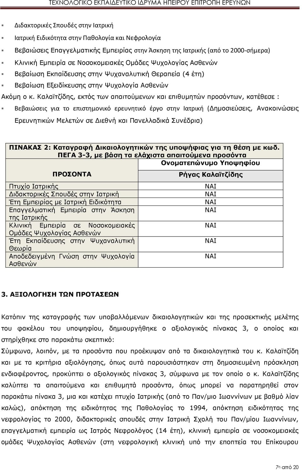 Καλαϊτζίδης, εκτός των απαιτούμενων και επιθυμητών προσόντων, κατέθεσε : Βεβαιώσεις για το επιστημονικό ερευνητικό έργο στην Ιατρική (Δημοσιεύσεις, Ανακοινώσεις Ερευνητικών Μελετών σε Διεθνή και