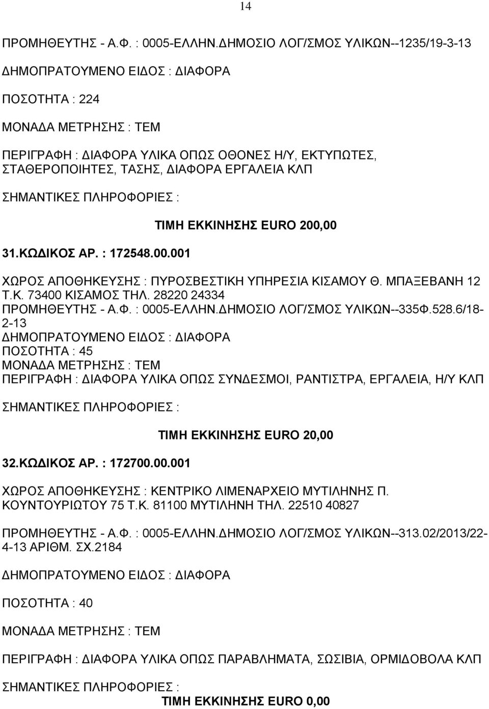 ΔΗΜΟΣΙΟ ΛΟΓ/ΣΜΟΣ ΥΛΙΚΩΝ--335Φ.528.6/18-2-13 ΠΟΣΟΤΗΤΑ : 45 ΠΕΡΙΓΡΑΦΗ : ΔΙΑΦΟΡΑ ΥΛΙΚΑ ΟΠΩΣ ΣΥΝΔΕΣΜΟΙ, ΡΑΝΤΙΣΤΡΑ, ΕΡΓΑΛΕΙΑ, Η/Υ ΚΛΠ 32.ΚΩΔΙΚΟΣ ΑΡ. : 172700.