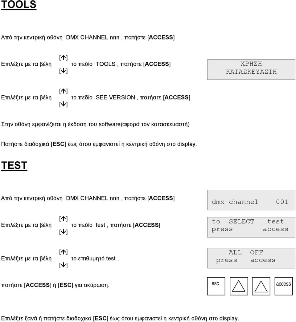 [ACCESS] to SELECT press test access το επιθυμητό test, ALL OFF πατήστε [ACCESS] ή [ESC] για