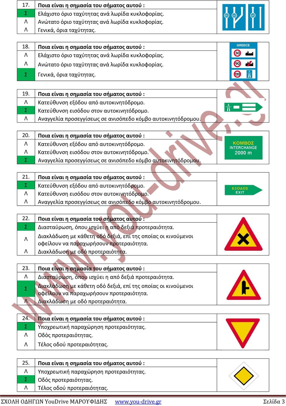 Ποια είναι η σημασία του σήματος αυτού : Κατεύθυνση εξόδου από αυτοκινητόδρομο. Κατεύθυνση εισόδου στον αυτοκινητόδρομο. Αναγγελία προσεγγίσεως σε ανισόπεδο κόμβο αυτοκινητόδρομου. 20.