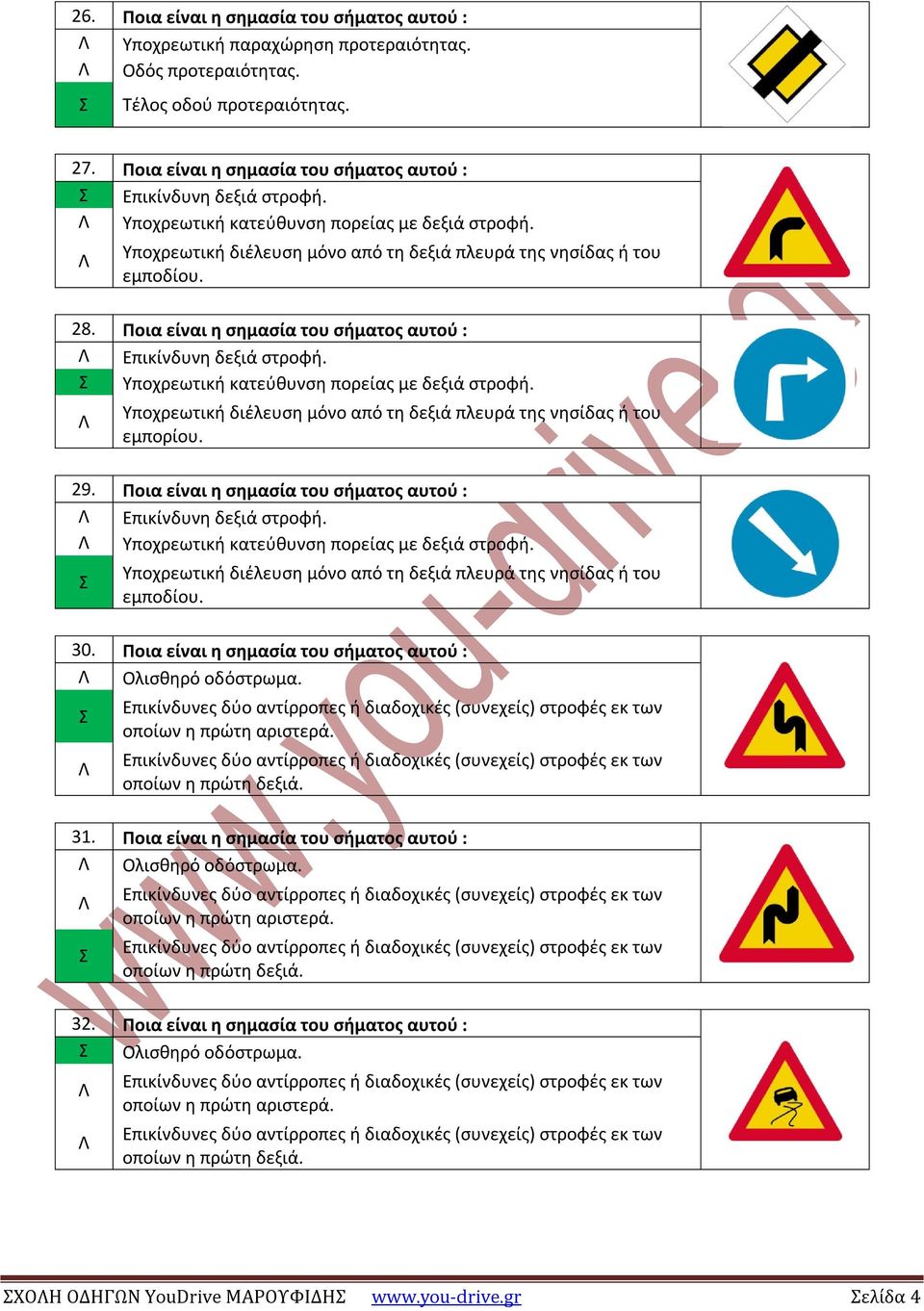 Ποια είναι η σημασία του σήματος αυτού : Επικίνδυνη δεξιά στροφή. Υποχρεωτική κατεύθυνση πορείας με δεξιά στροφή. Υποχρεωτική διέλευση μόνο από τη δεξιά πλευρά της νησίδας ή του εμπορίου. 29.