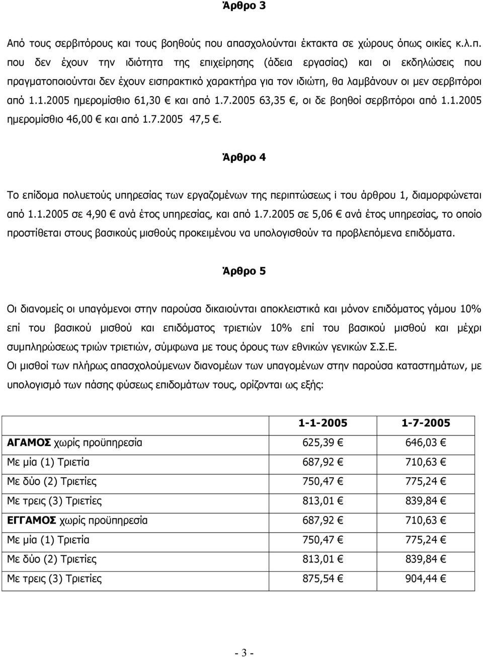 Άρθρο 4 Το επίδοµα πολυετούς υπηρεσίας των εργαζοµένων της περιπτώσεως i του άρθρου 1, διαµορφώνεται από 1.1.2005 σε 4,90 ανά έτος υπηρεσίας, και από 1.7.