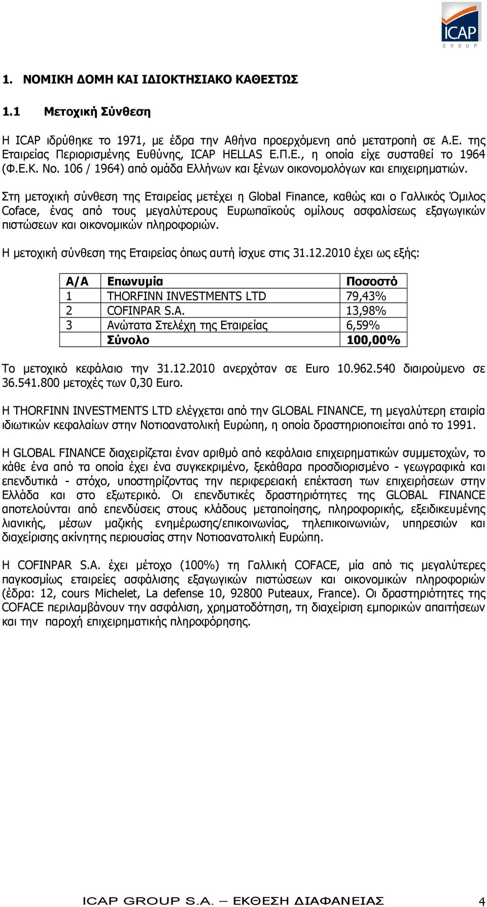 Στη μετοχική σύνθεση της Εταιρείας μετέχει η Global Finance, καθώς και ο Γαλλικός Όμιλος Coface, ένας από τους μεγαλύτερους Ευρωπαϊκούς ομίλους ασφαλίσεως εξαγωγικών πιστώσεων και οικονομικών