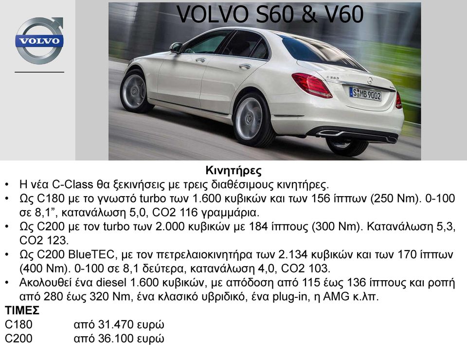 Ως C200 BlueTEC, με τον πετρελαιοκινητήρα των 2.134 κυβικών και των 170 ίππων (400 Nm). 0-100 σε 8,1 δεύτερα, κατανάλωση 4,0, CO2 103.