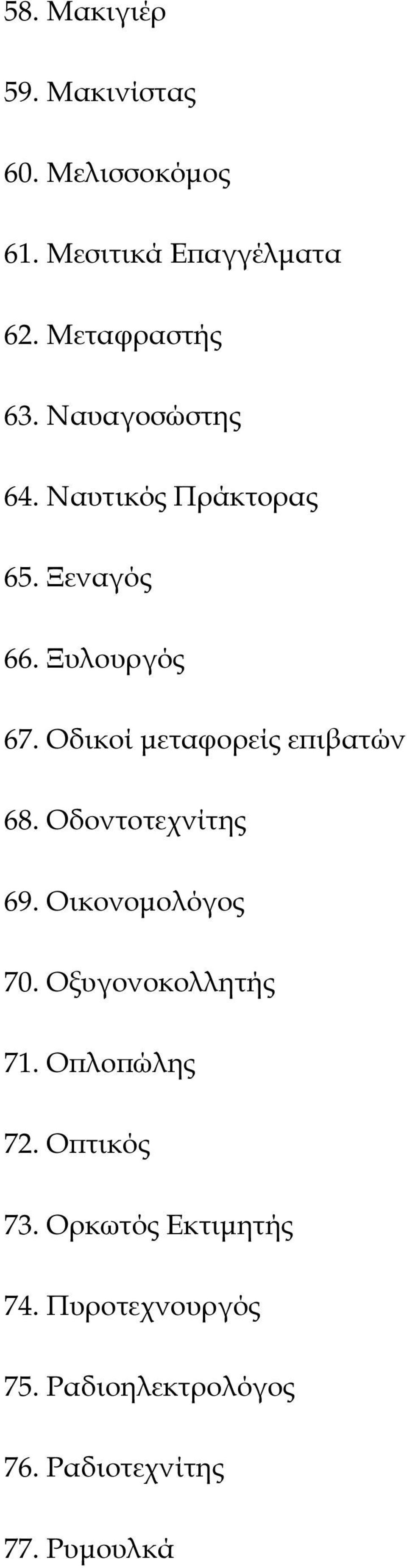Οδικοί µεταφορείς ε ιβατών 68. Οδοντοτεχνίτης 69. Οικονοµολόγος 70. Οξυγονοκολλητής 71.