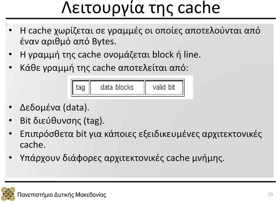 Κάθε γραμμή της cache αποτελείται από: Δεδομένα (data). Bit διεύθυνσης (tag).