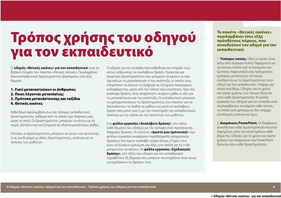 Θετικές εικόνες Κάθε θέμα περιλαμβάνει έως και τέσσερις εκπαιδευτικές δραστηριότητες, καθεμιά από τις οποίες έχει διάρκεια μίας ώρας το πολύ.