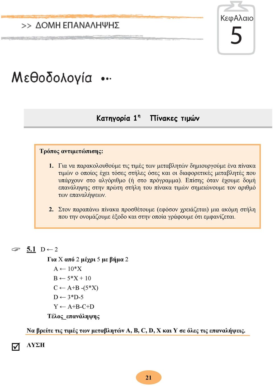 αλγόριθμο (ή στο πρόγραμμα). Επίσης όταν έχουμε δομή επανάληψης στην πρώτη στήλη του πίνακα τιμών σημειώνουμε τον αριθμό των επαναλήψεων. 2.