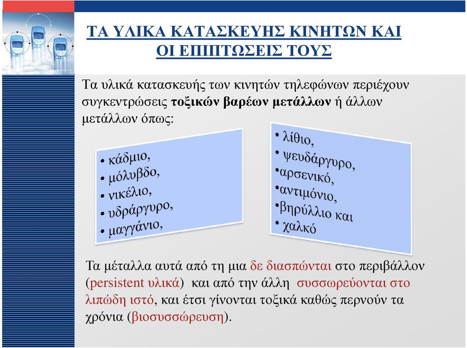 µέταλλα αυτά από τη µιαδε διασπώνται στο περιβάλλον (persistent υλικά) και από την άλλη