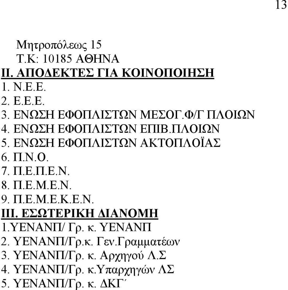 ΕΝΩΣΗ ΕΦΟΠΛΙΣΤΩΝ ΑΚΤΟΠΛΟΪΑΣ 6. Π.Ν.Ο. 7. Π.Ε.Π.Ε.Ν. 8. Π.Ε.Μ.Ε.Ν. 9. Π.Ε.Μ.Ε.Κ.Ε.Ν. ΙΙΙ.