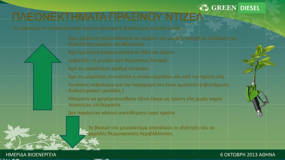 πυκνότητα η οποία εξαρτάται και από την πρώτη ύλη Το κόστος κεφαλαίου για την παραγωγή του είναι αμελητέο (υφιστάμενες διυλιστηριακές μονάδες ) Μπορούν να χρησιμοποιηθούν όξινα