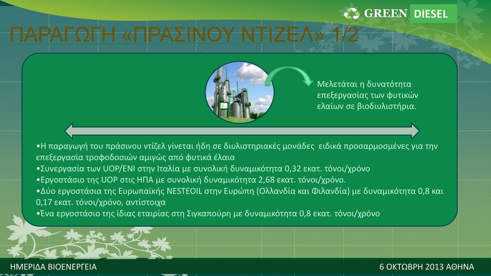 των UOP/ENI στην Ιταλία με συνολική δυναμικότητα 0,32 εκατ. τόνοι/χρόνο 