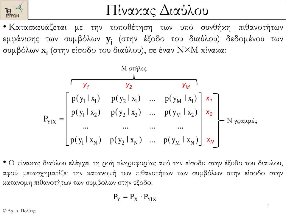 γραμμές M Ο πίνακας διαύλου ελέγχει τη ροή πληροφορίας από την είσοδο στην έξοδο του διαύλου, αφού