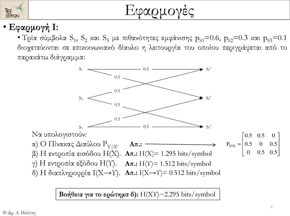 υπολογιστούν: α Ο Πίνακας Διαύλου YX. β Η εντροπία εισόδου ΗΧ. γ Η εντροπία εξόδου ΗΥ. δ Η διαπληροφρία ΙΧ Υ.