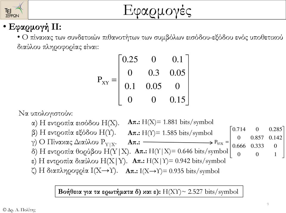 ε Η εντροπία διαύλου ΗXY. ζ Η διαπληροφρία ΙΧ Υ..5..3.5..5.5 Απ.: ΗΧ=.88 bits/smbol Απ.: ΗΥ=.585 bits/smbol Απ.: YX Απ.: ΗΥΧ=.