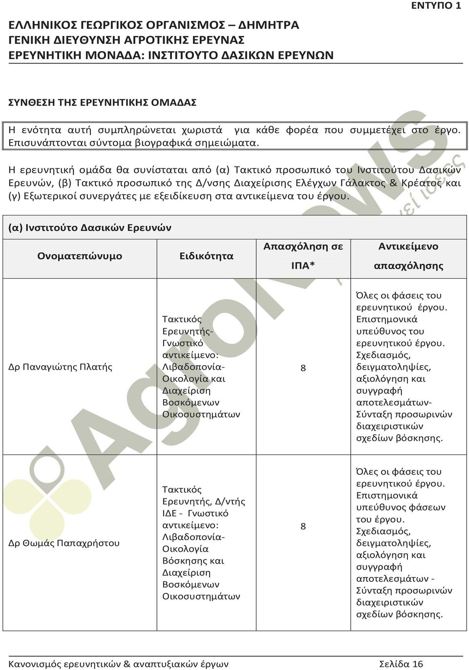 εξειδίκευση στα αντικείμενα του έργου.