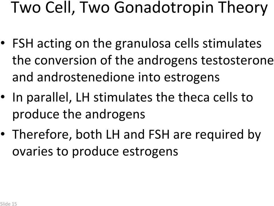 into estrogens In parallel, LH stimulates the theca cells to produce the