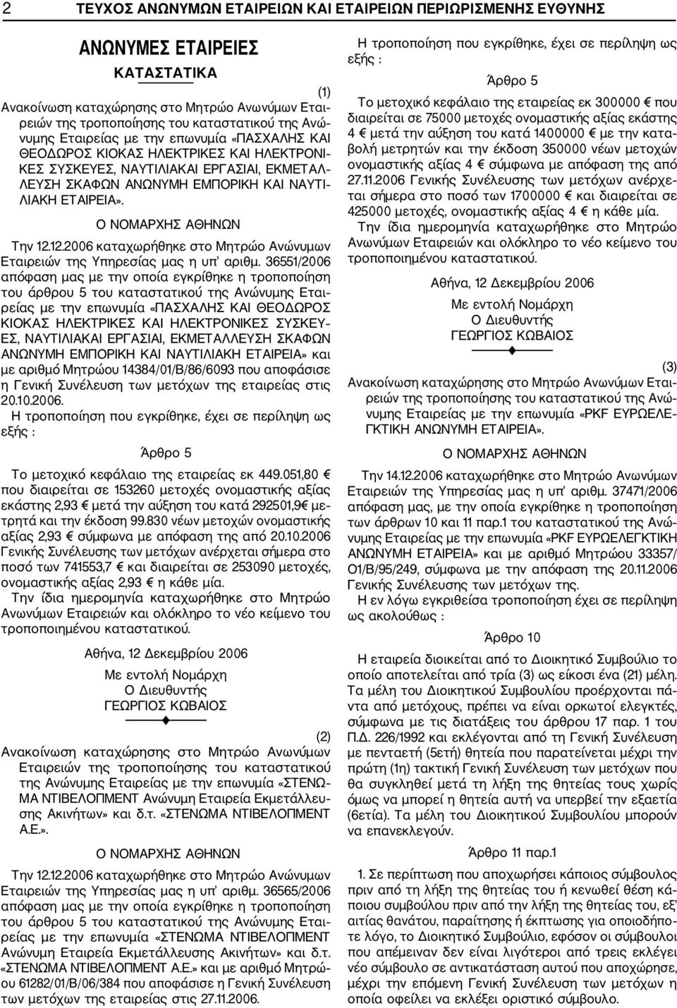 12.2006 καταχωρήθηκε στο Μητρώο Ανώνυμων Εταιρειών της Υπηρεσίας μας η υπ αριθμ.