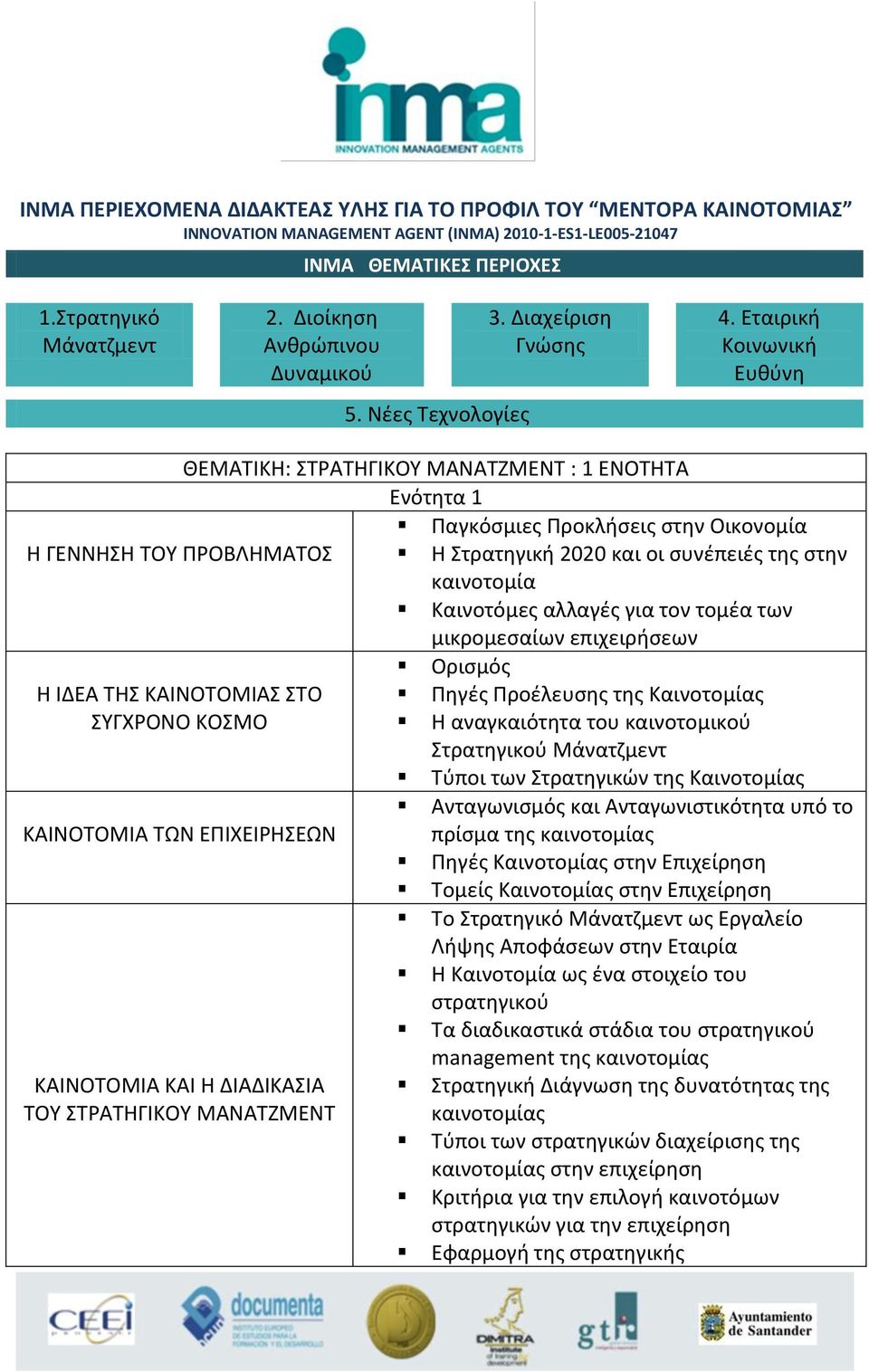 αλλαγές για τον τομέα των μικρομεσαίων επιχειρήσεων Ορισμός Η ΙΔΕΑ ΤΗΣ ΚΑΙΝΟΤΟΜΙΑΣ ΣΤΟ Πηγές Προέλευσης της Καινοτομίας ΣΥΓΧΡΟΝΟ ΚΟΣΜΟ Η αναγκαιότητα του καινοτομικού Στρατηγικού Μάνατζμεντ Τύποι των