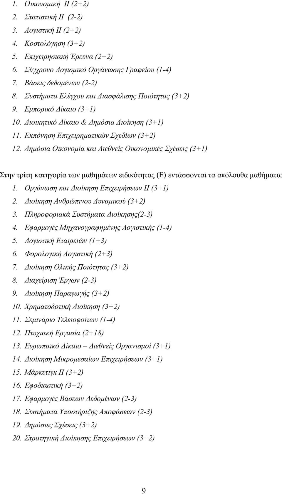 ηµόσια Οικονοµία και ιεθνείς Οικονοµικές Σχέσεις (3+1) Στην τρίτη κατηγορία των µαθηµάτων ειδικότητας (Ε) εντάσσονται τα ακόλουθα µαθήµατα: 1. Οργάνωση και ιοίκηση Επιχειρήσεων ΙΙ (3+1) 2.