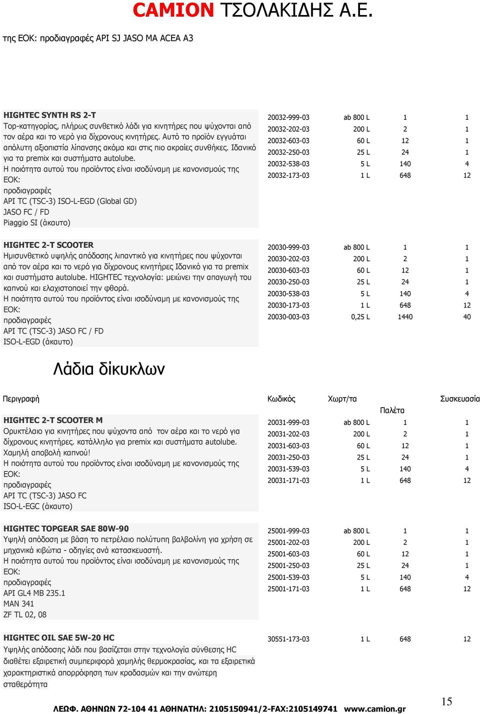 API TC (TSC-3) ISO-L-EGD (Global GD) JASO FC / FD Piaggio SI (άκαυτο) 003-999-03 003-0-03 003-603-03 003-50-03 003-538-03 003-73-03 00 L L 0 68 HIGHTEC -T SCOOTER Ηµισυνθετικό υψηλής απόδοσης