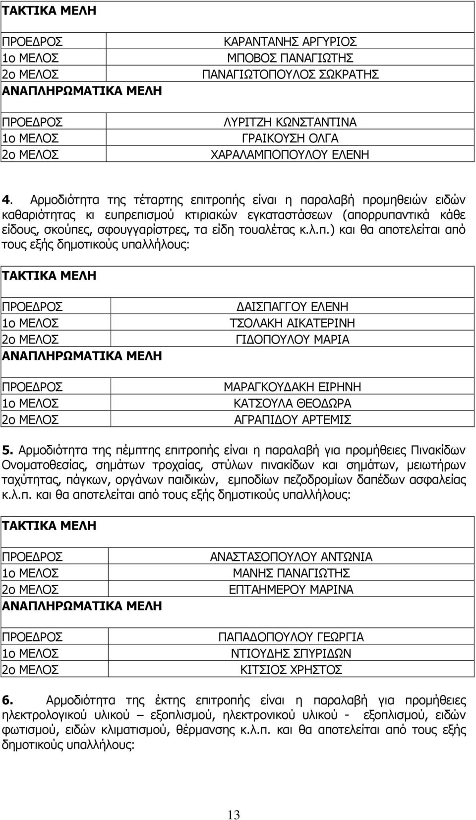 Αρμοδιότητα της πέμπτης επιτροπής είναι η παραλαβή για προμήθειες Πινακίδων Ονοματοθεσίας, σημάτων τροχαίας, στύλων πινακίδων και σημάτων, μειωτήρων ταχύτητας, πάγκων, οργάνων παιδικών, εμποδίων