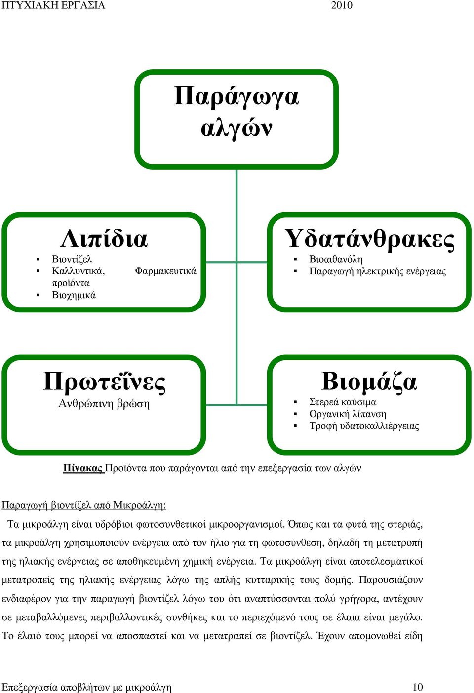 Όπως και τα φυτά της στεριάς, τα µικροάλγη χρησιµοποιούν ενέργεια από τον ήλιο για τη φωτοσύνθεση, δηλαδή τη µετατροπή της ηλιακής ενέργειας σε αποθηκευµένη χηµική ενέργεια.