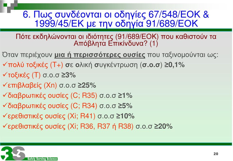 (1) Όταν περιέχουν µια ή περισσότερες ουσίες που ταξινοµούνται ως: πολύ τοξικές (T+) σε ολική συγκέντρωση (σ.ο.σ) 0,1% τοξικές (T) σ.