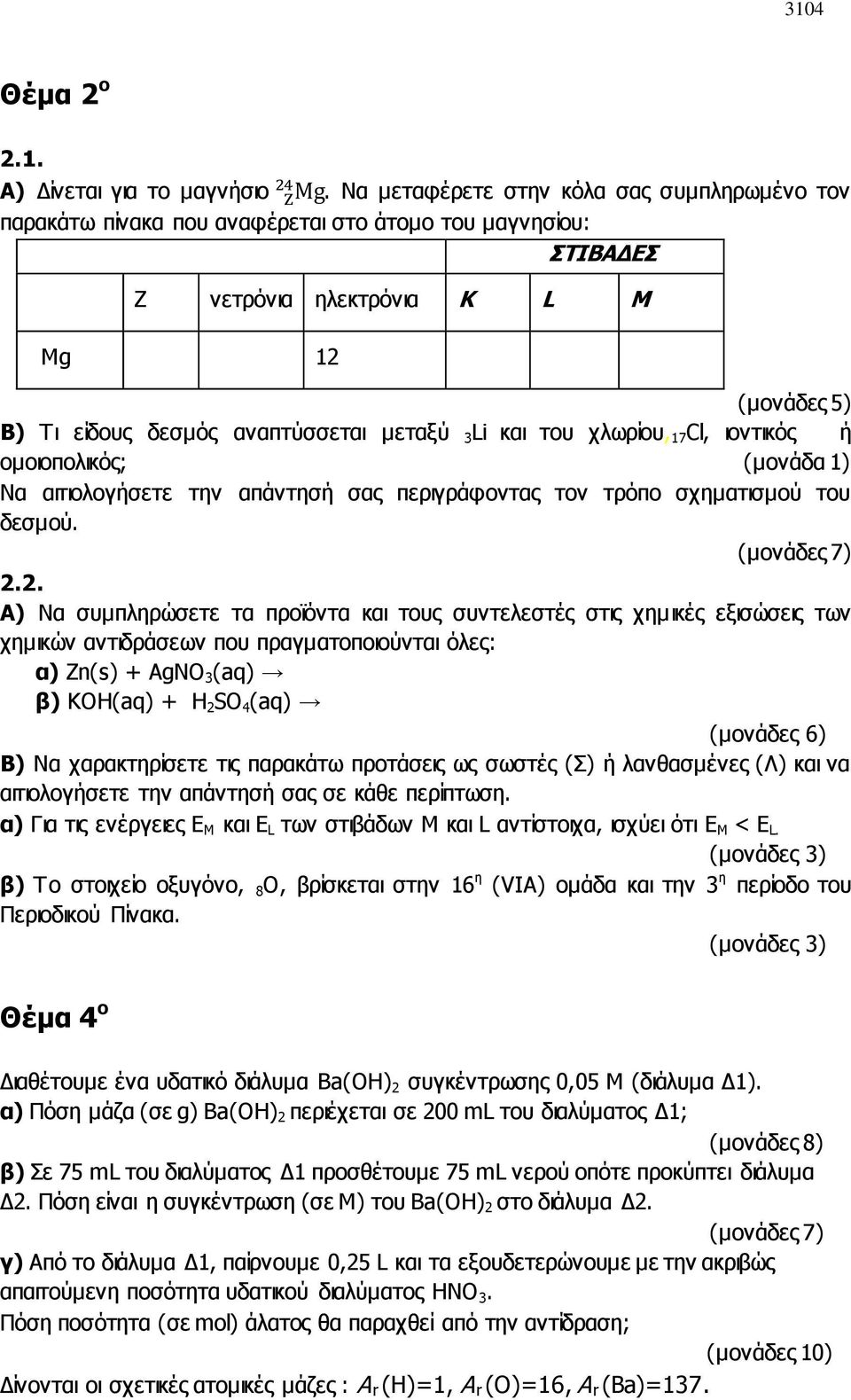 Li και του χλωρίου, 17 Cl, ιοντικός ή ομοιοπολικός; (μονάδα 1) Να αιτιολογήσετε την απάντησή σας περιγράφοντας τον τρόπο σχηματισμού του δεσμού. (μονάδες 7) 2.