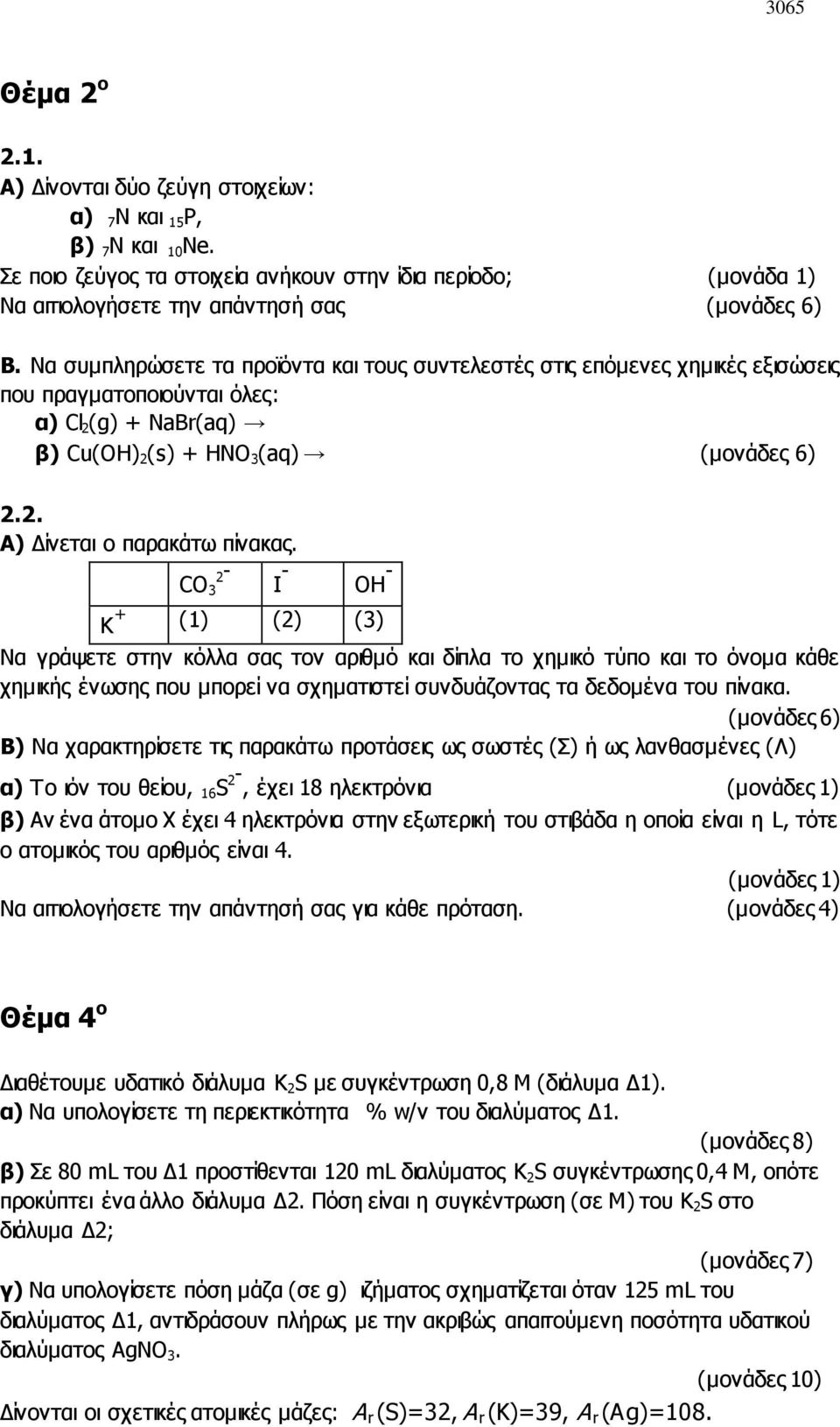 CO 2-3 I - OH - K + (1) (2) (3) Να γράψετε στην κόλλα σας τον αριθμό και δίπλα το χημικό τύπο και το όνομα κάθε χημικής ένωσης που μπορεί να σχηματιστεί συνδυάζοντας τα δεδομένα του πίνακα.