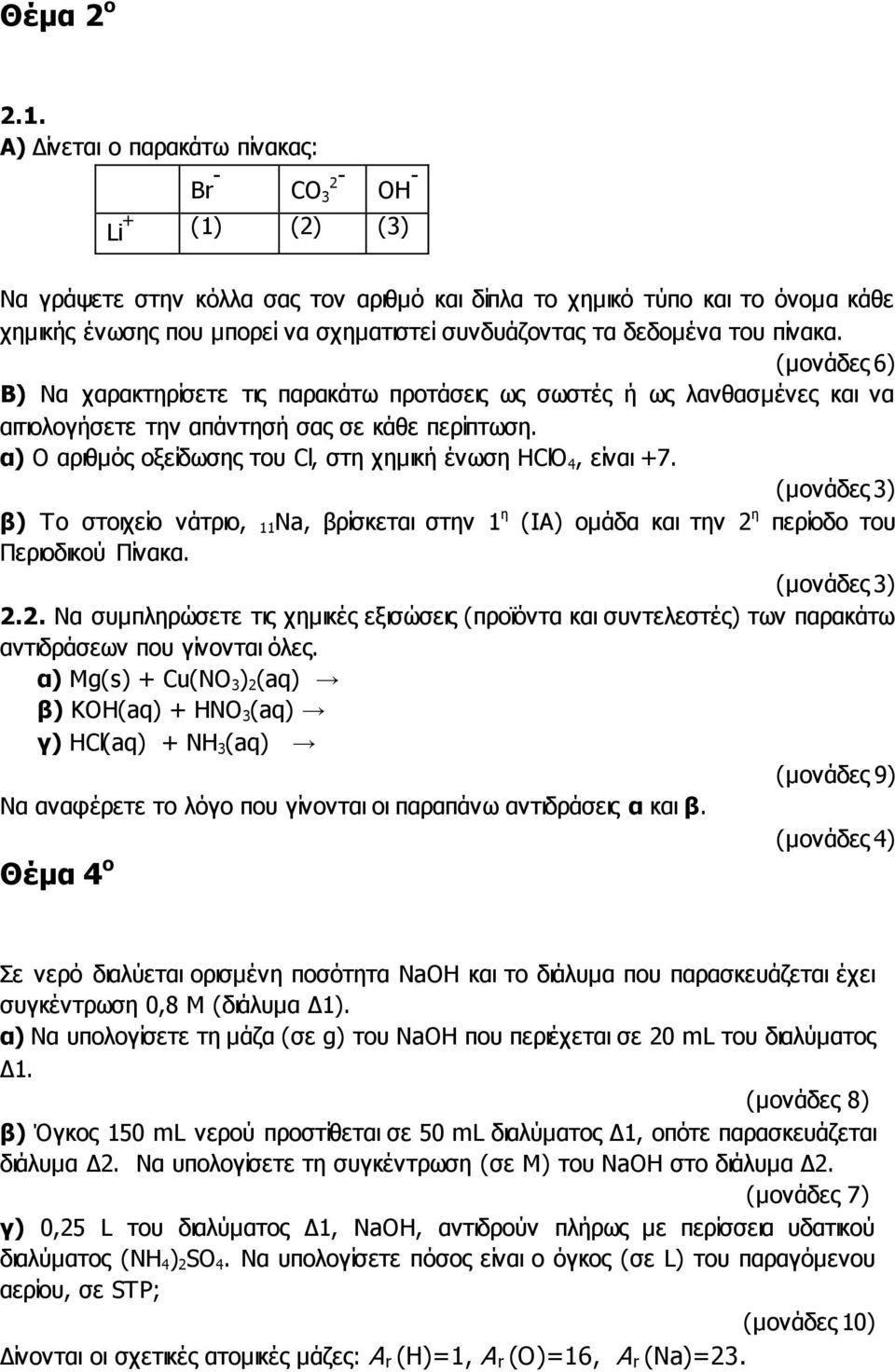 α) Ο αριθμός οξείδωσης του Cl, στη χημική ένωση HClO 4, είναι +7. (μονάδες 3) β) To στοιχείο νάτριο, 11 Na, βρίσκεται στην 1 η (IA) ομάδα και την 2 