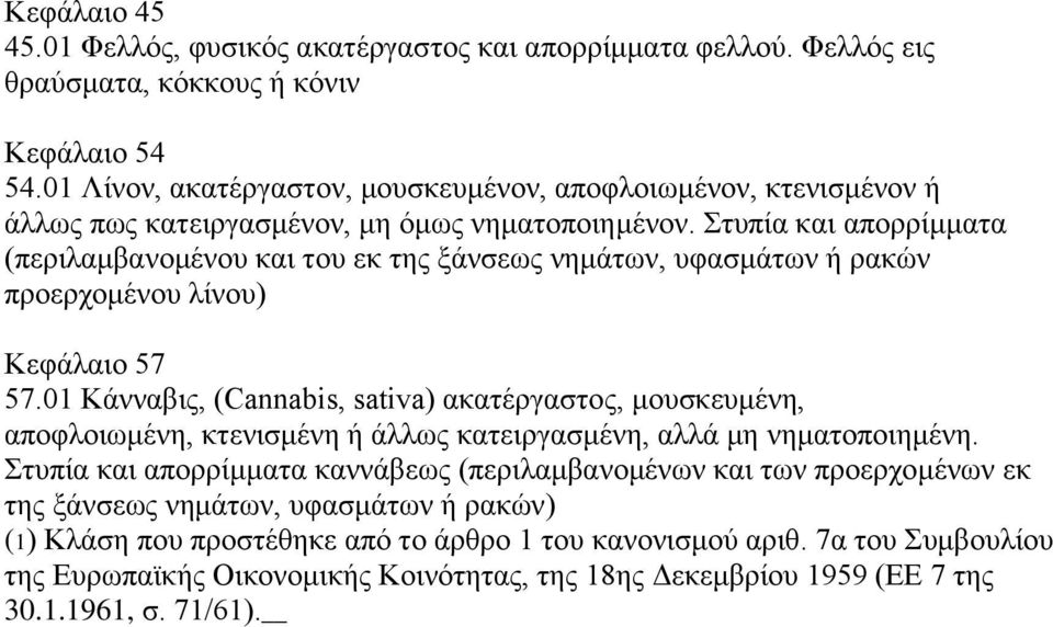 Στυπία και απορρίμματα (περιλαμβανομένου και του εκ της ξάνσεως νημάτων, υφασμάτων ή ρακών προερχομένου λίνου) Κεφάλαιο 57 57.