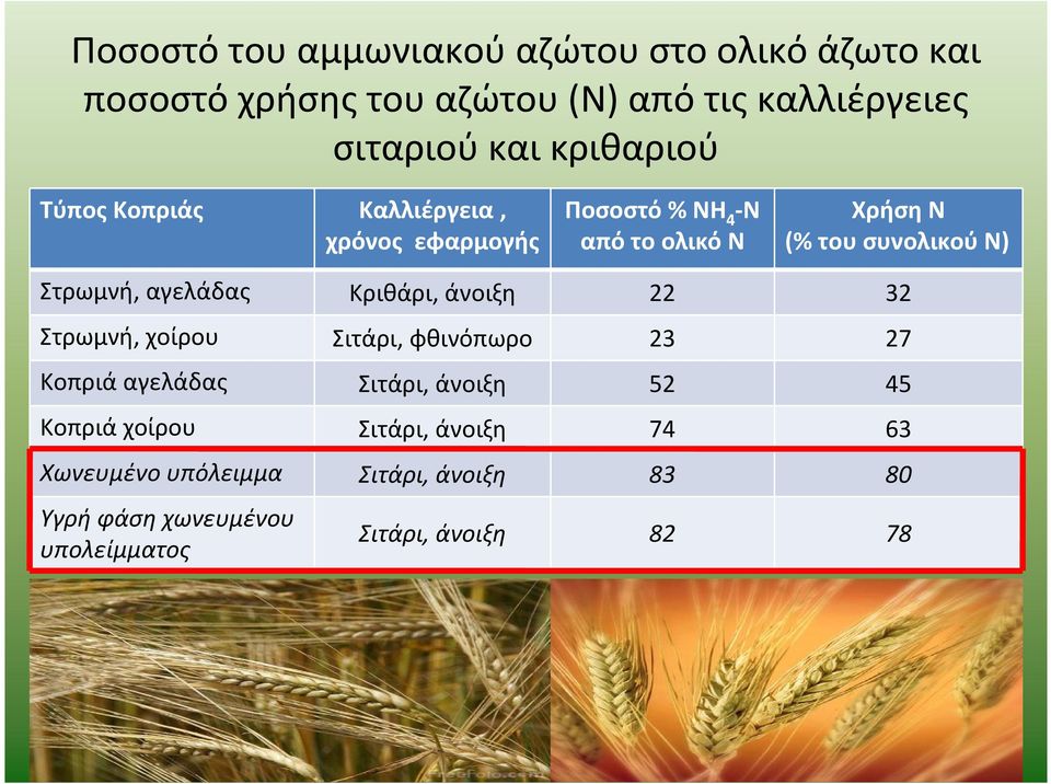 Στρωμνή, αγελάδας Κριθάρι, άνοιξη 22 32 Στρωμνή, χοίρου Σιτάρι, φθινόπωρο 23 27 Κοπριά αγελάδας Σιτάρι, άνοιξη 52 45