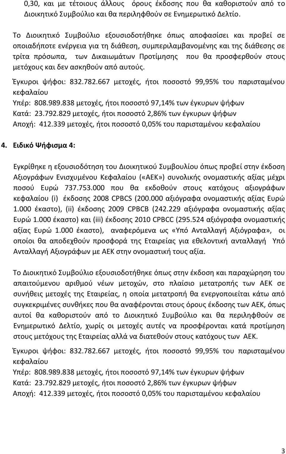 προσφερθούν στους μετόχους και δεν ασκηθούν από αυτούς. Αποχή: 412.339 μετοχές, ήτοι ποσοστό 0,05% του παρισταμένου 4.